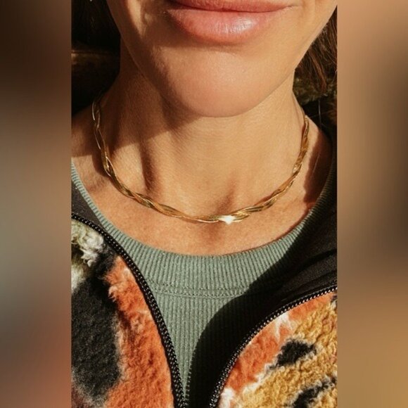Gold Herringbone Twist Necklace Waterproof Necklace Gorgeous Layering Necklace - Picture 3 of 15